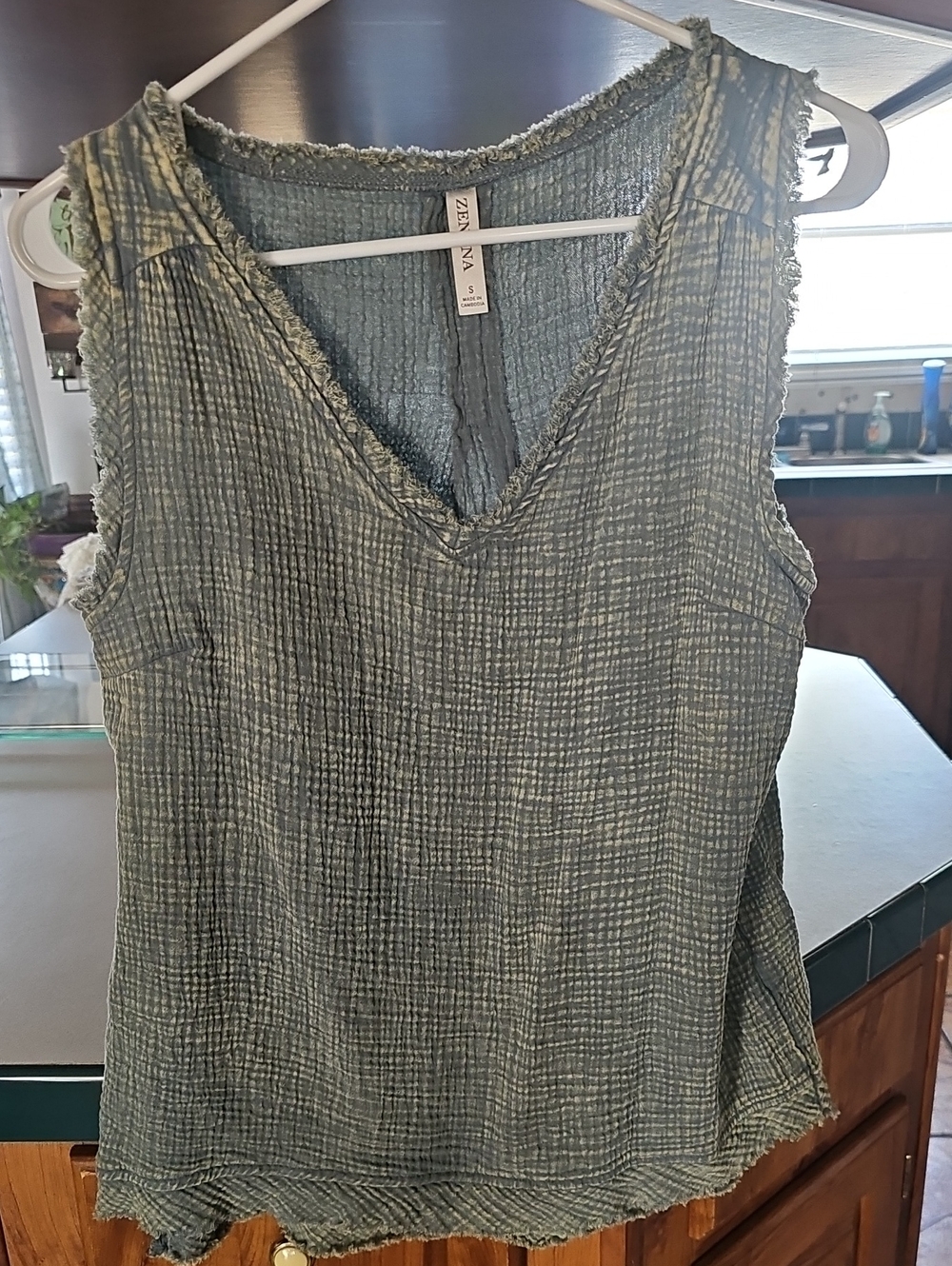 Zena Olive Green Textured V-Neck Sleeveless Tank